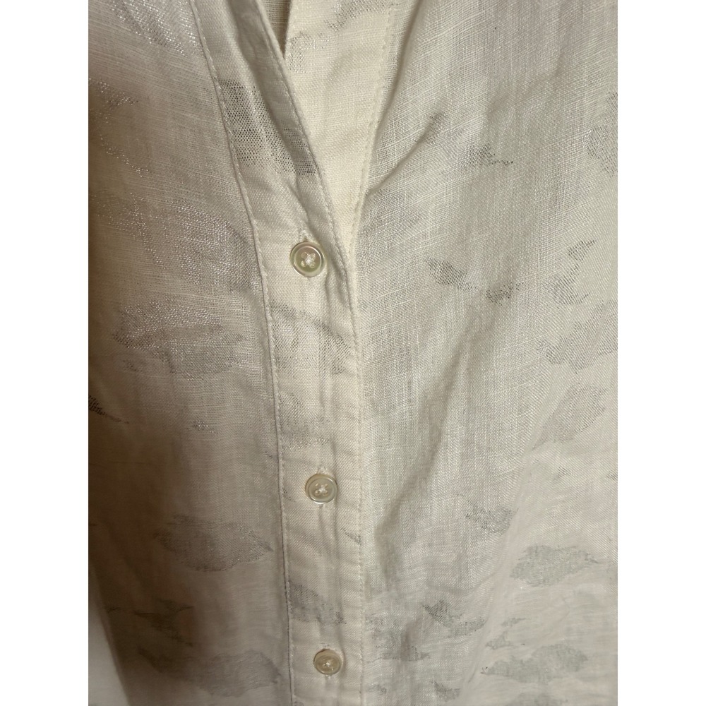 Women's 100% Linen White Button Front Blouse Metallic Silver Floral Print Size L - Picture 4 of 8